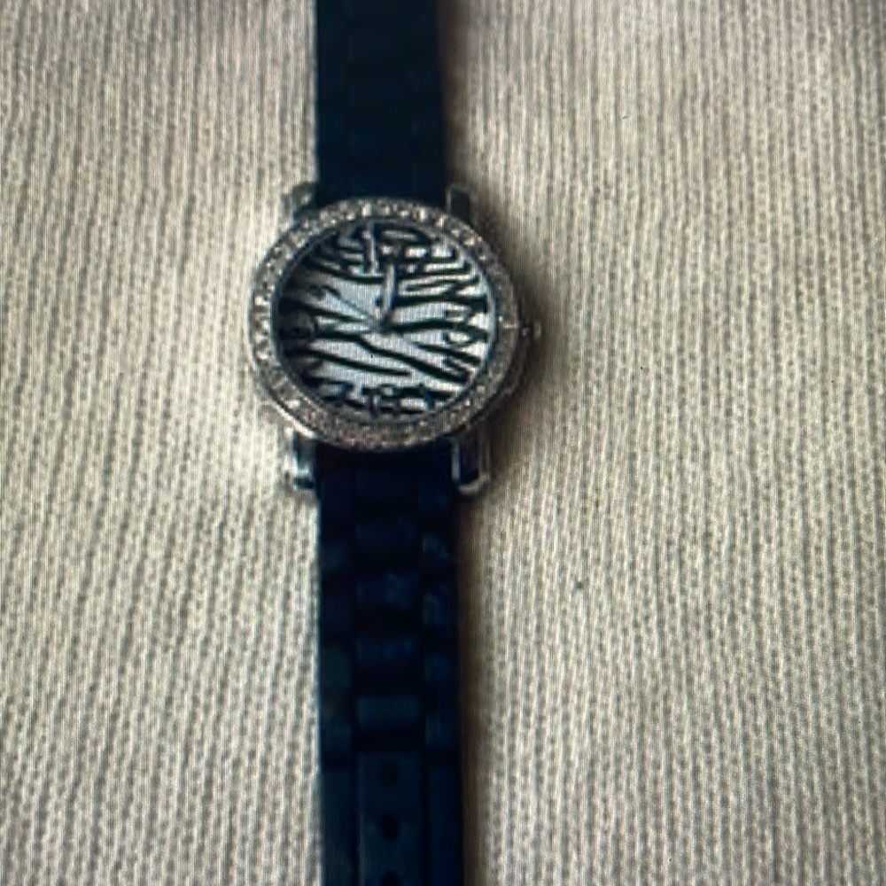 Women’s Zebra Print Crystal Bezel Quartz Watch Black Silicone Band